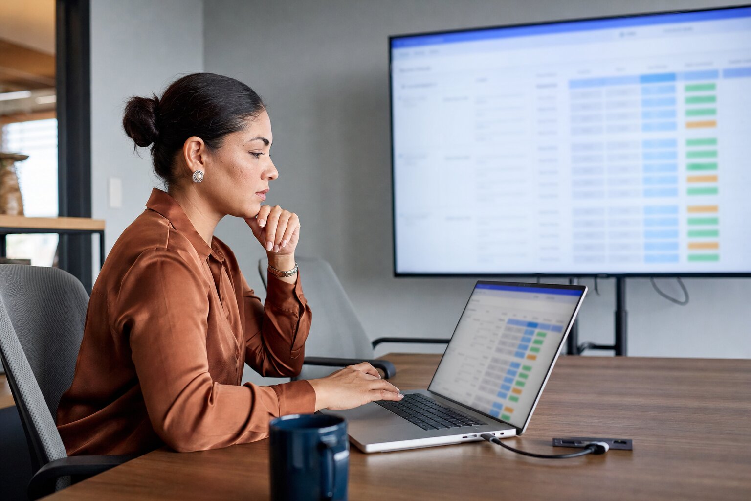 Woman reviews a spend tracking dashboard on a laptop and wall screen in a meeting room.