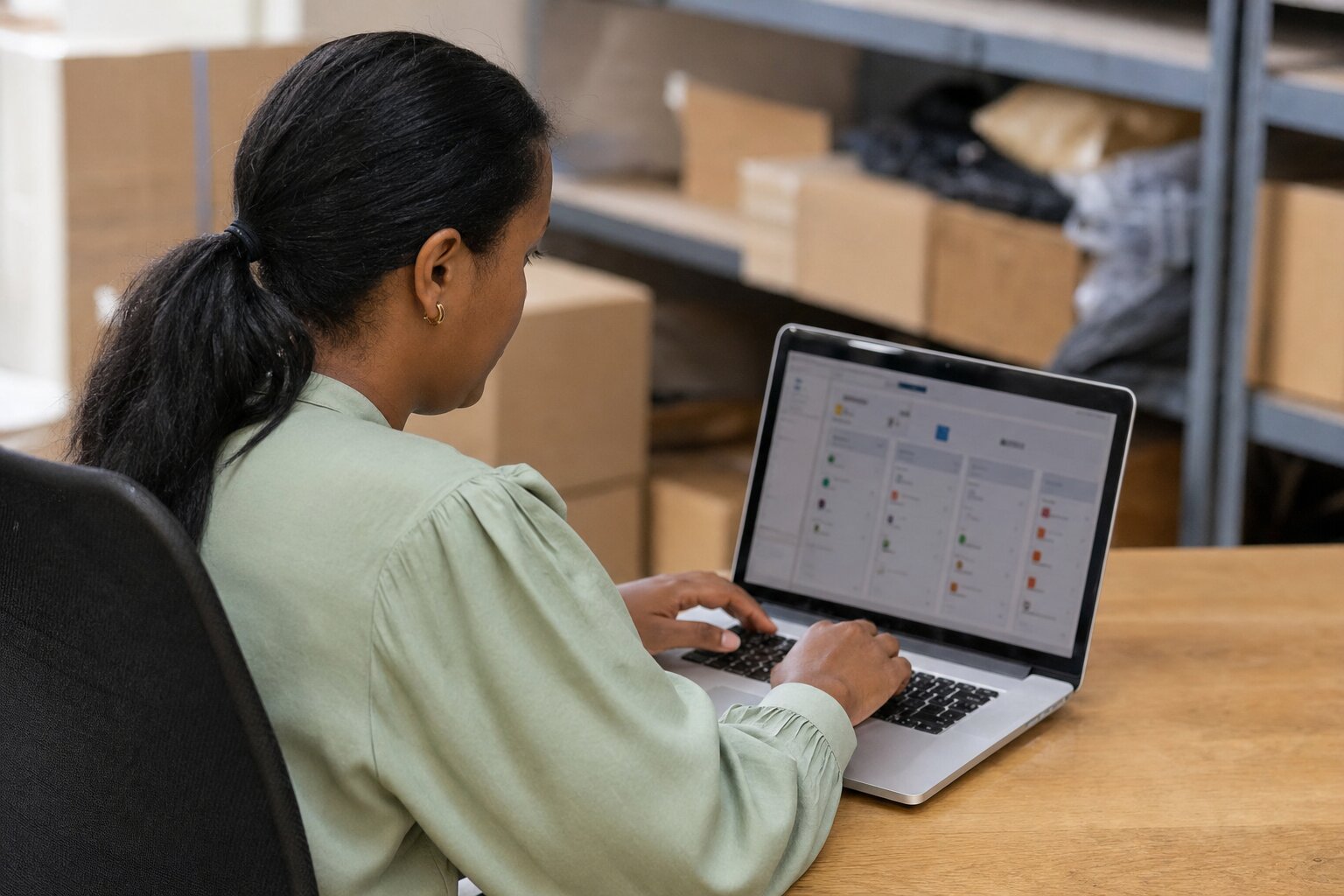 Worker types on a laptop showing a purchasing dashboard at a warehouse desk.