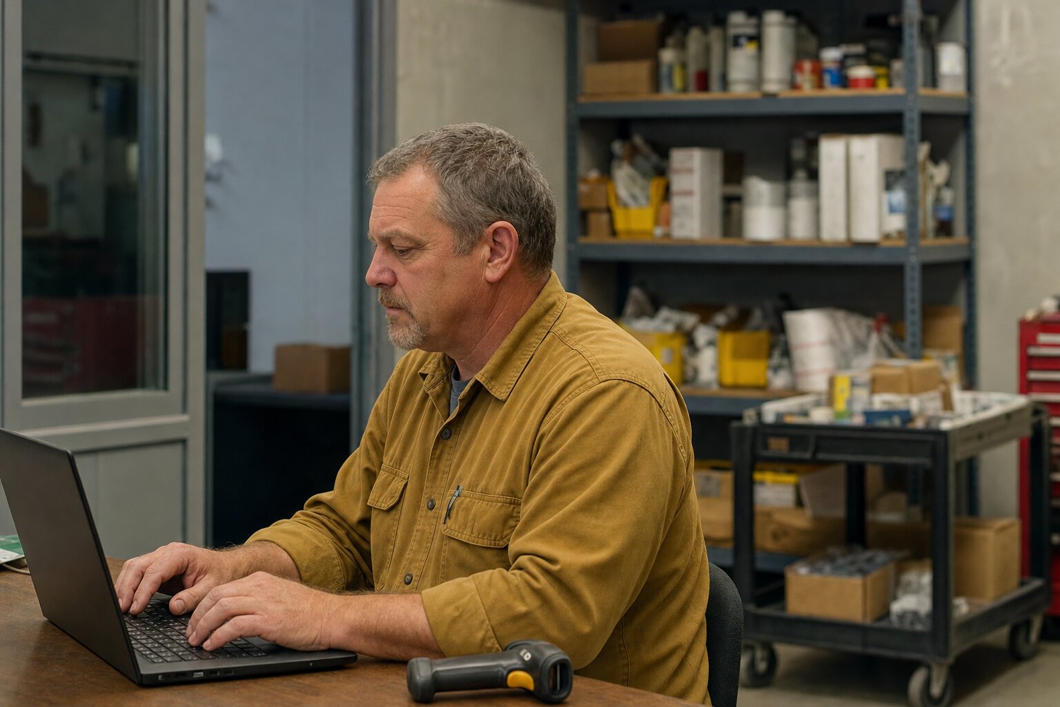 Man in a tan shirt works on a laptop with a barcode scanner on a workshop desk.