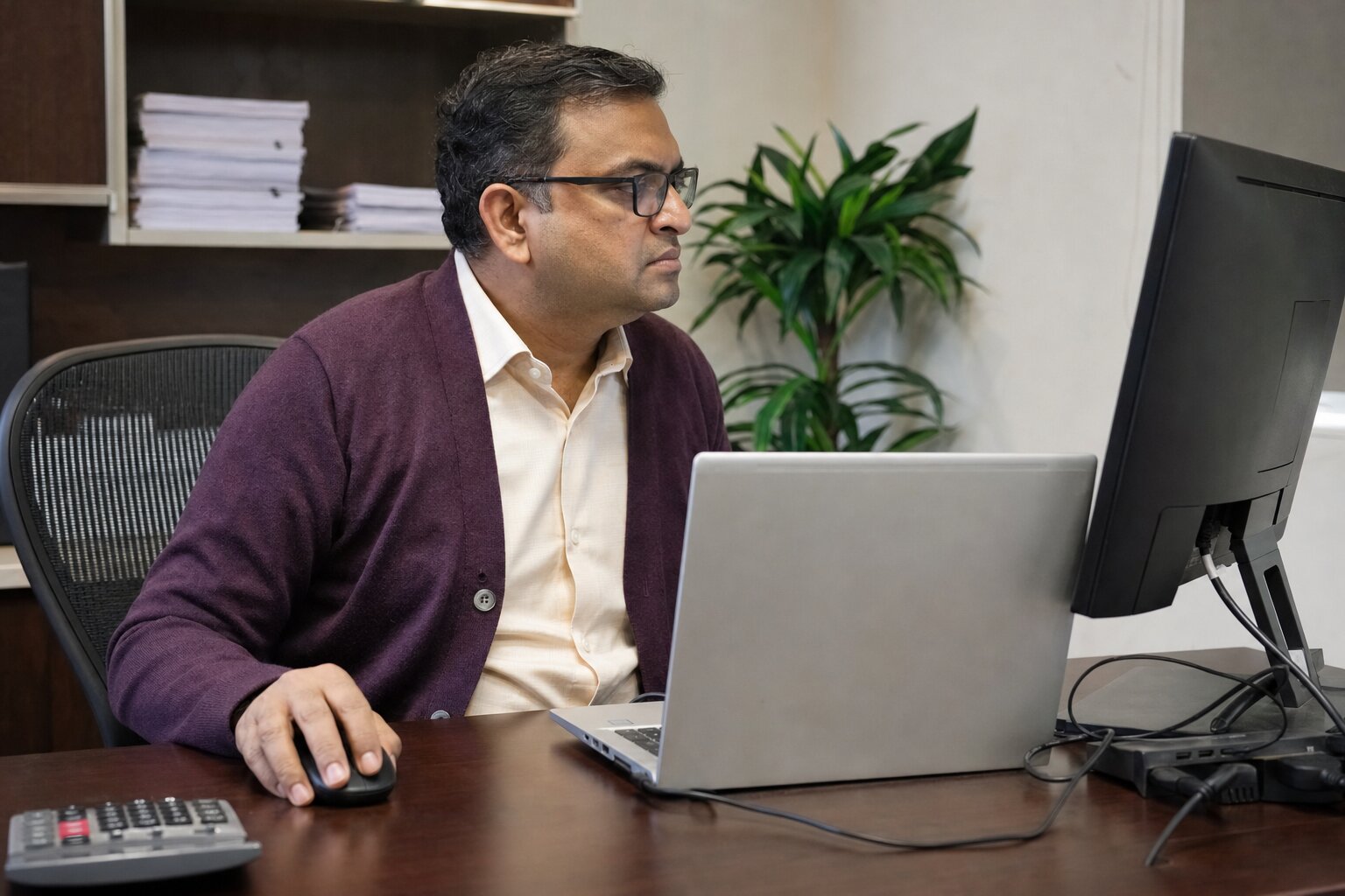 Man studies a procurement dashboard on a desktop monitor in an office.