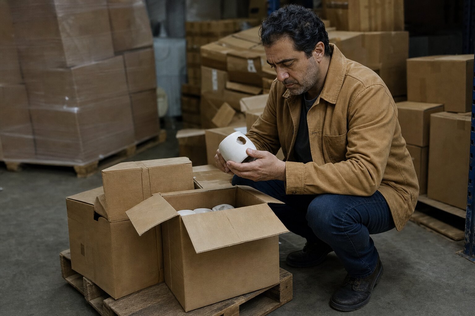Man crouches in a warehouse and finds a cracked ceramic piece while unpacking a box.