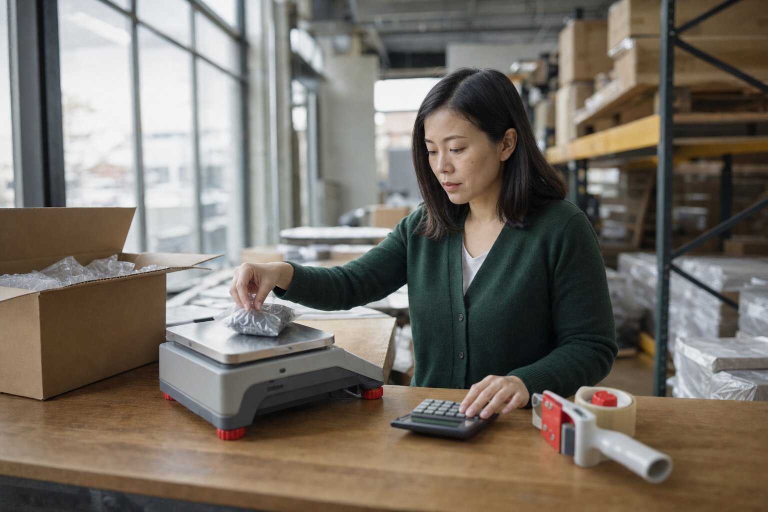 Woman weighs a packed item on a parcel scale while using a calculator.