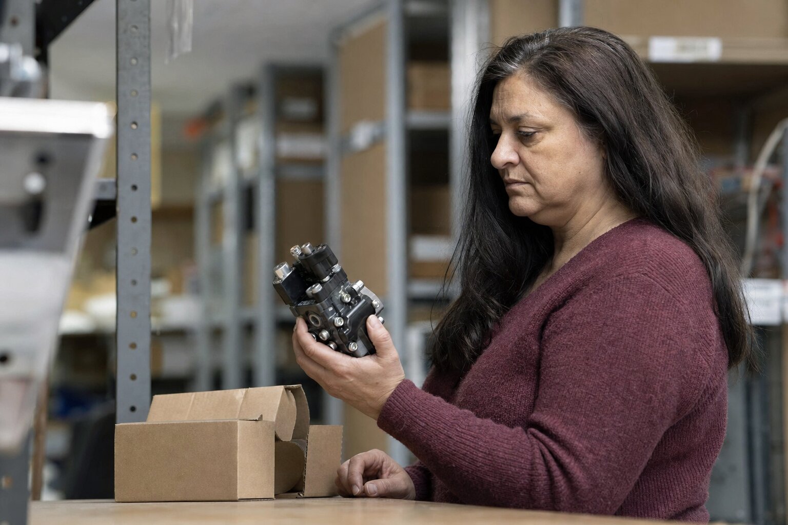 Woman inspects a black machined metal component next to an open box on a workbench.