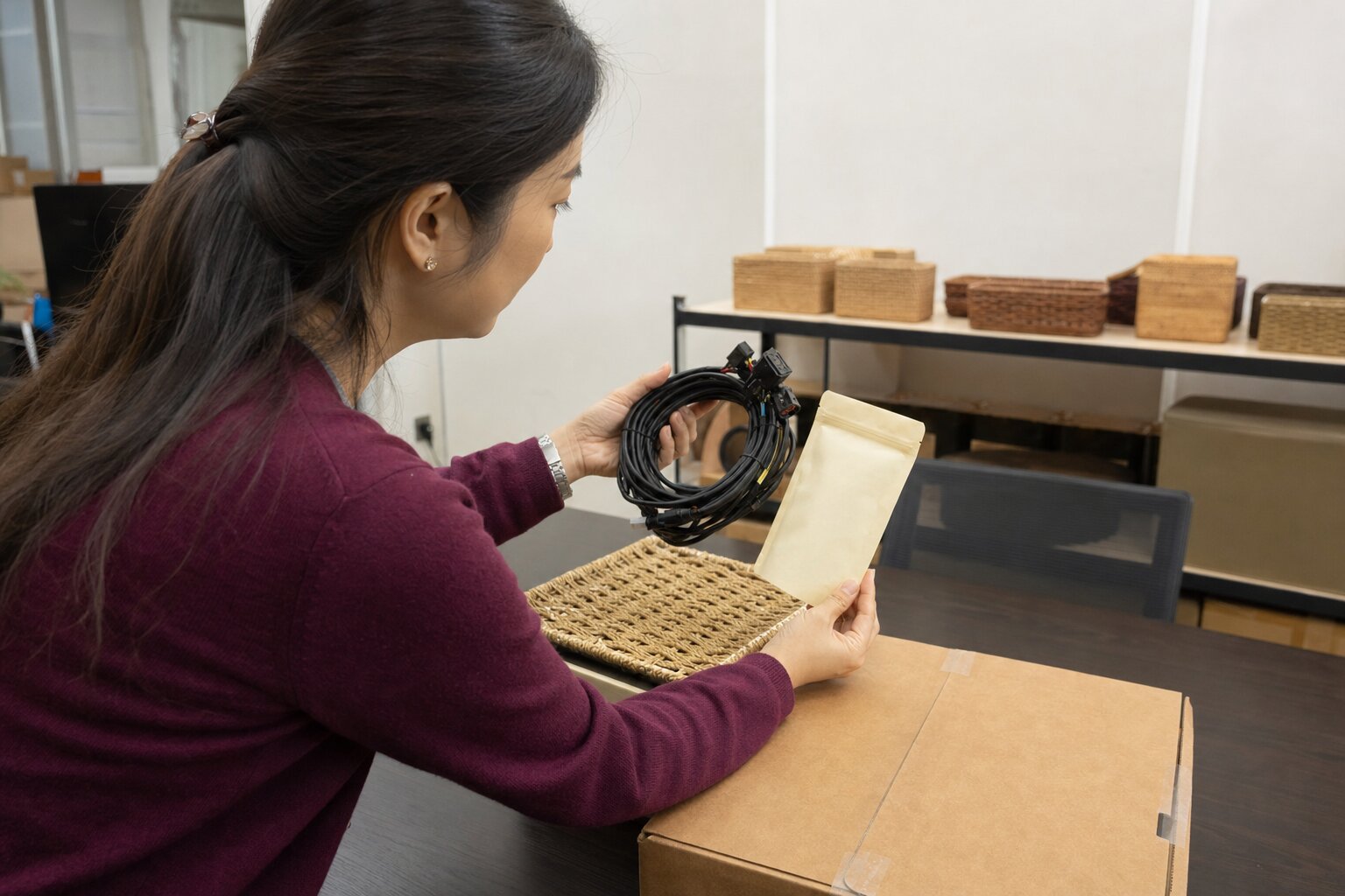 Woman reviews a coiled cable and a kraft sample pouch over a woven mat at a desk.