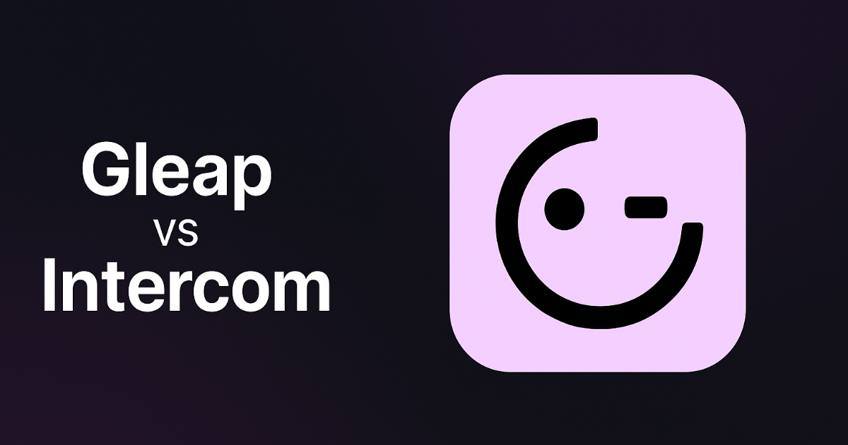 Comparison graphic showing text 'Gleap vs Intercom' next to a winking face logo inside a rounded purple square.