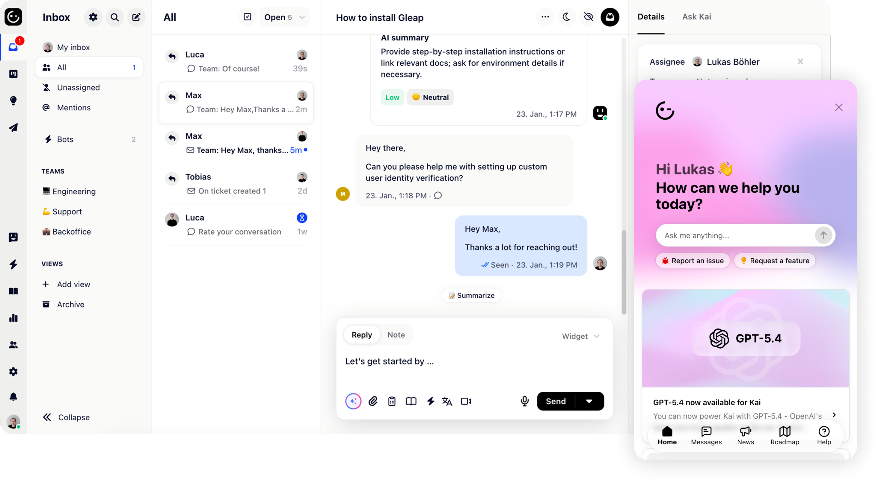 Gleap customer support dashboard with AI-powered inbox and ticket management