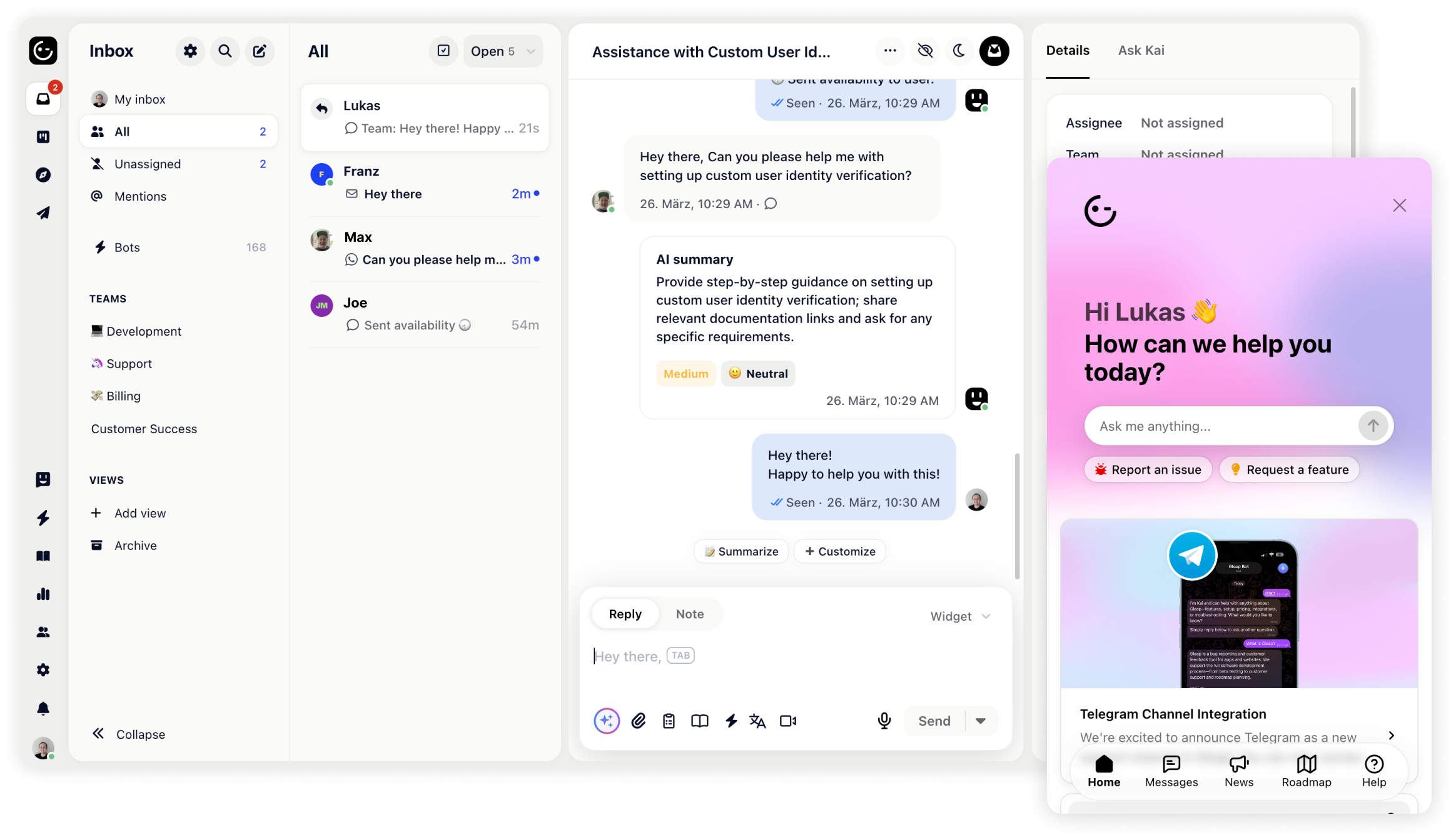 Gleap customer support dashboard with AI-powered inbox and ticket management