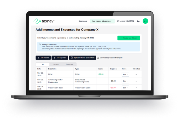 TaxNav income and expenses workflow on a laptop