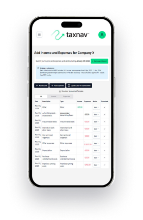 TaxNav income and expenses on a phone