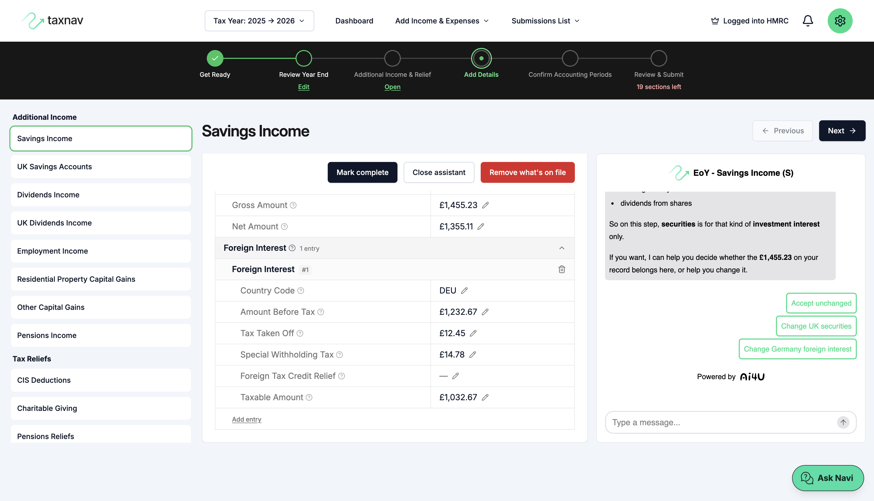 TaxNav submission workflow with progress steps, an income form and contextual AI4U assistance