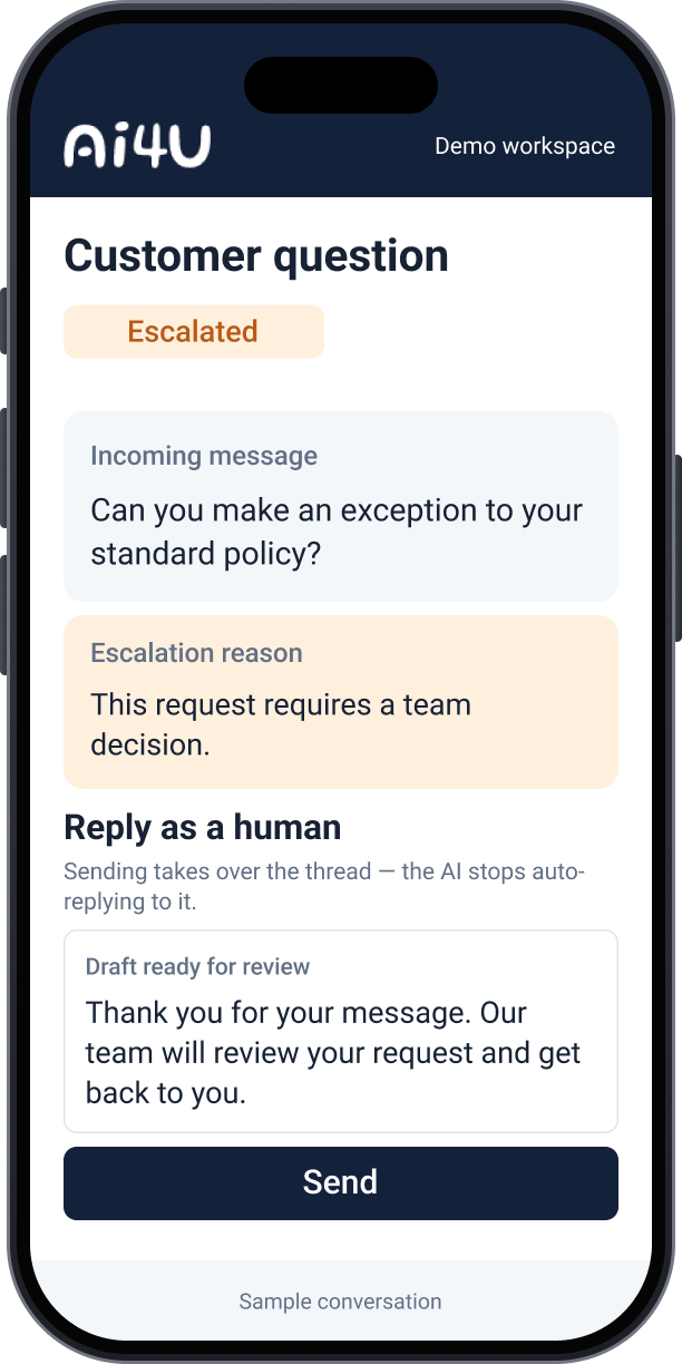 AI4U escalates a customer query for human review and lets an expert approve the response.