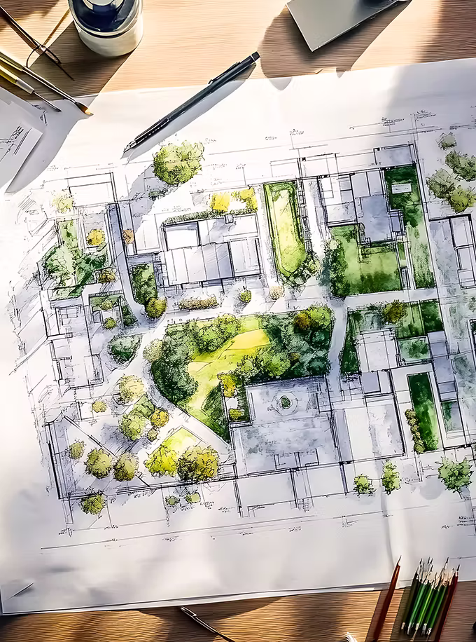 Landschaftsarchitektur: Plan mit Bepflanzung, Wegen und Sitzbereichen