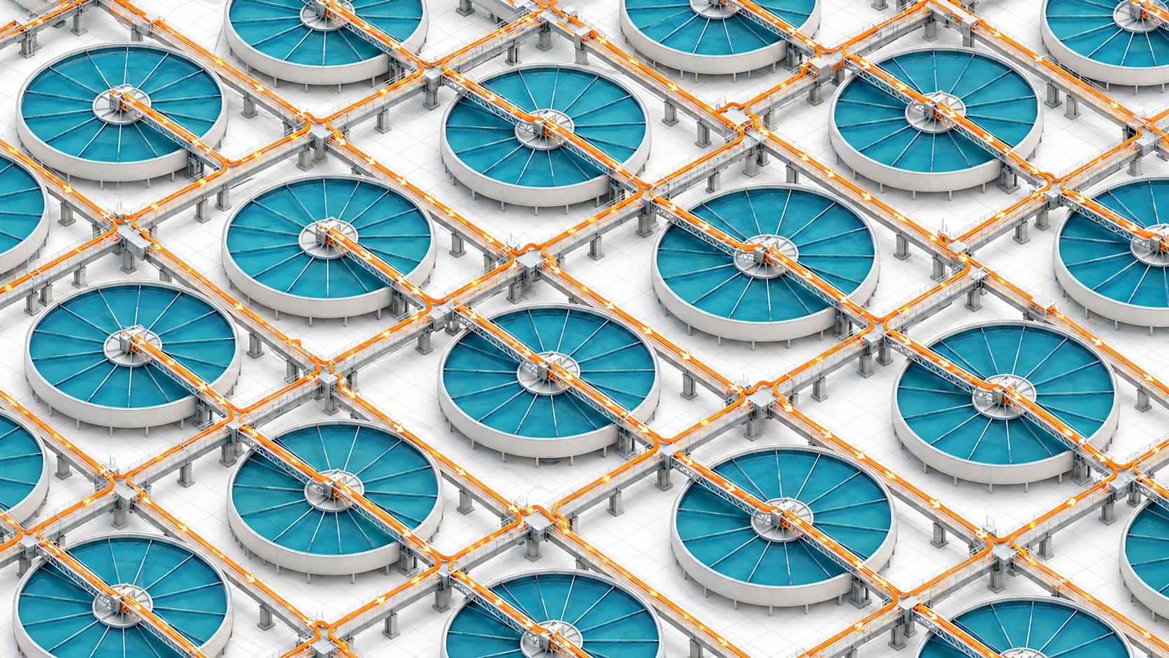 Isometric water-treatment basins linked by orange electricity cables, with arrows showing power flowing to each basin.