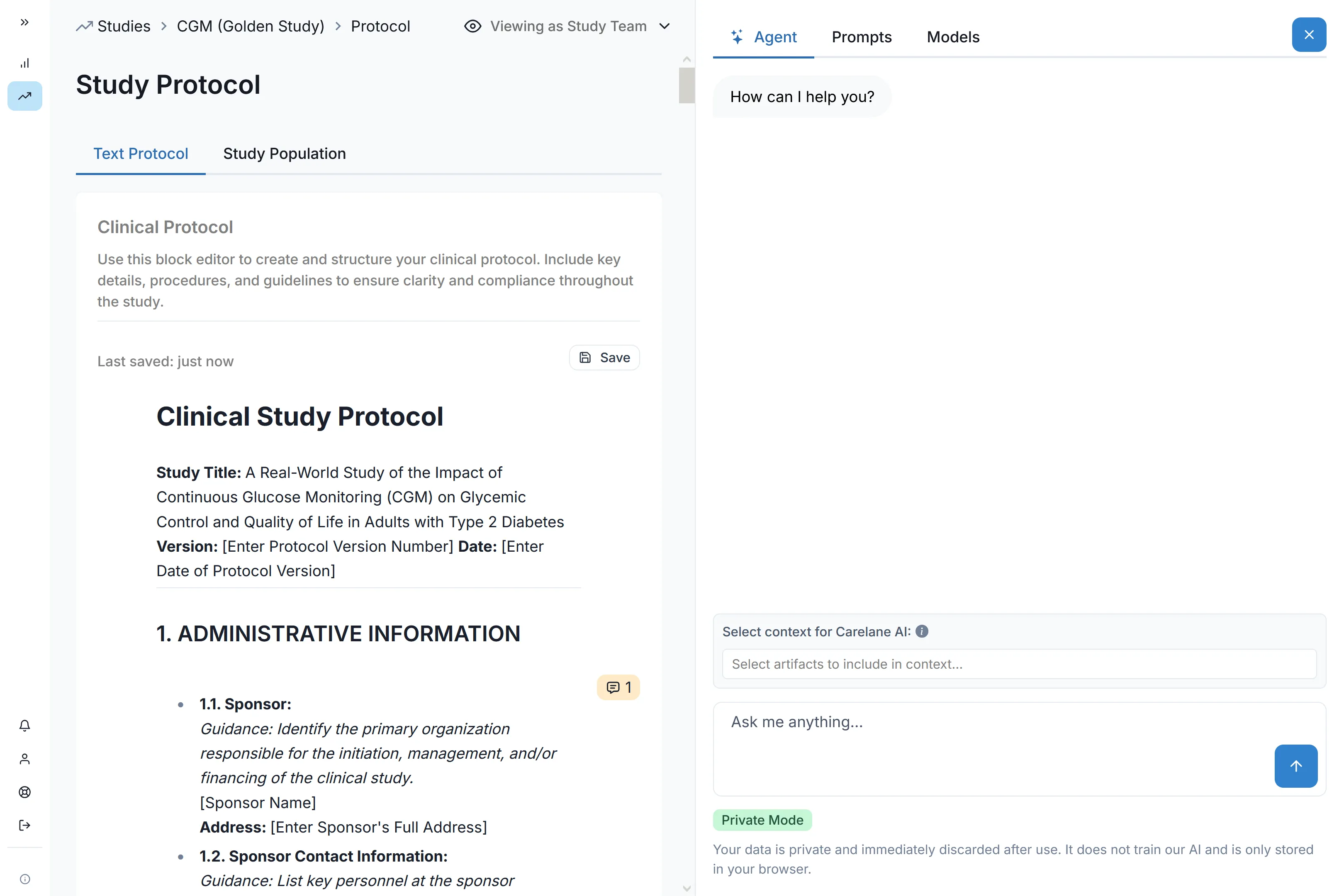 User interface of Carelane software showing study protocol.