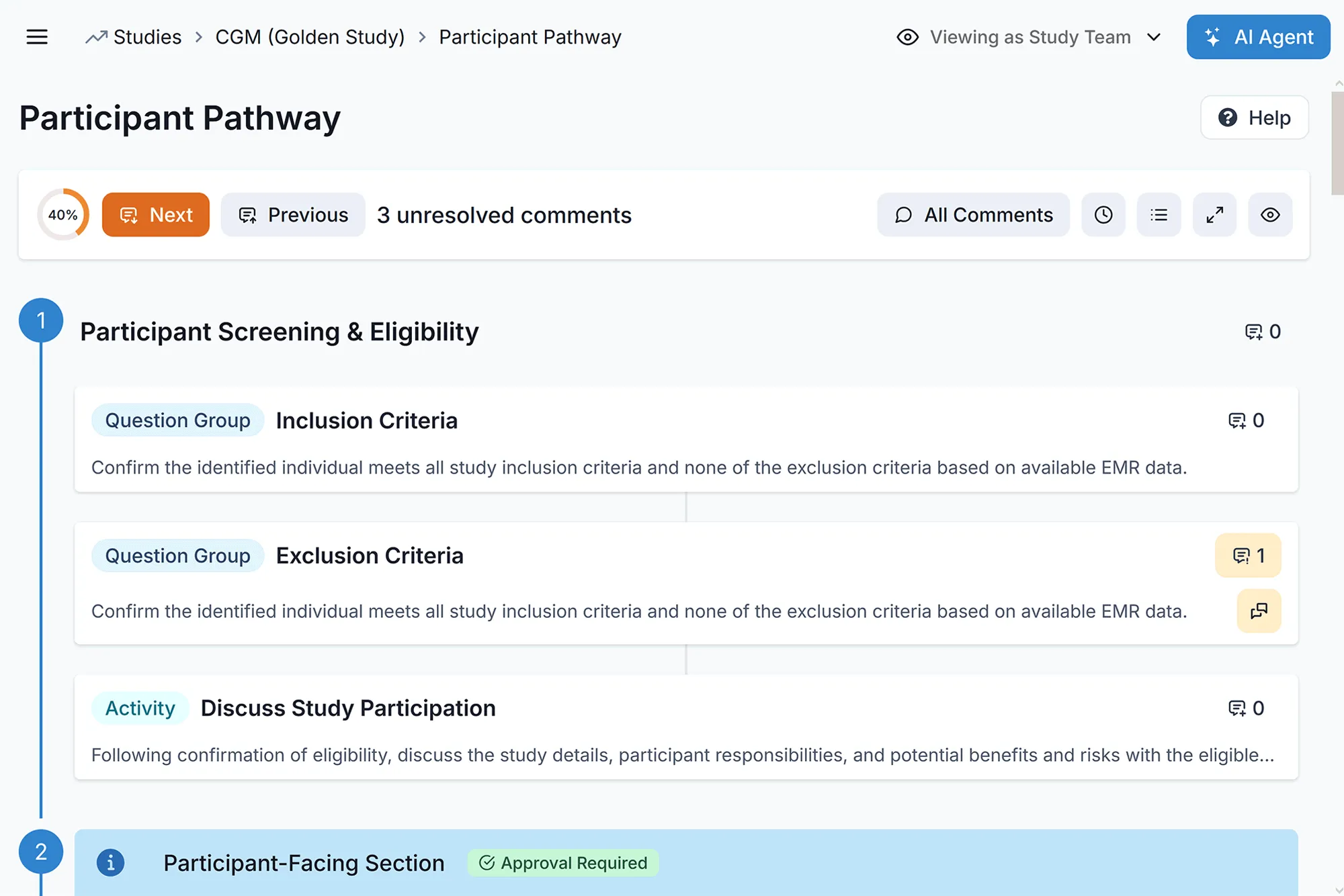 User interface of Carelane software showing participant pathway page.