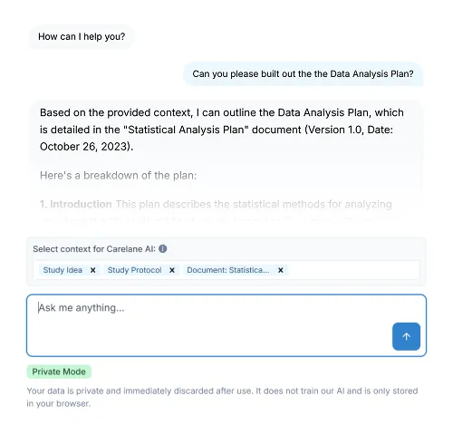 User interface of Carelane software showing Chatbot.