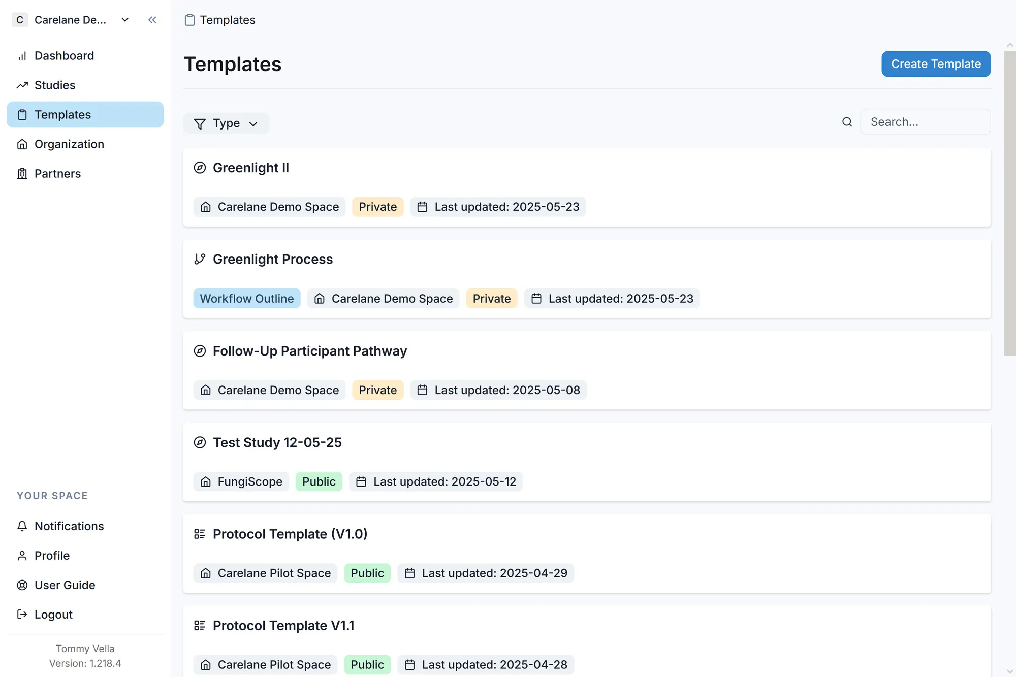 User interface of Carelane software showing template page.