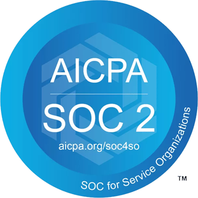 Blue circular badge with white text displaying 'AICPA SOC 2' and 'SOC for Service Organizations' at the bottom.