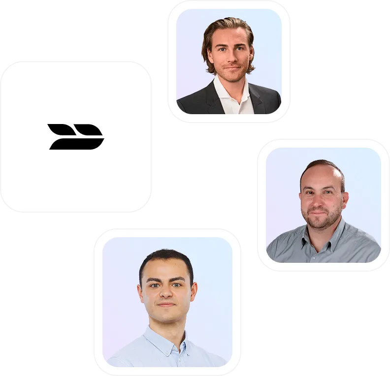 The company logo alongside portraits of the three team members.

