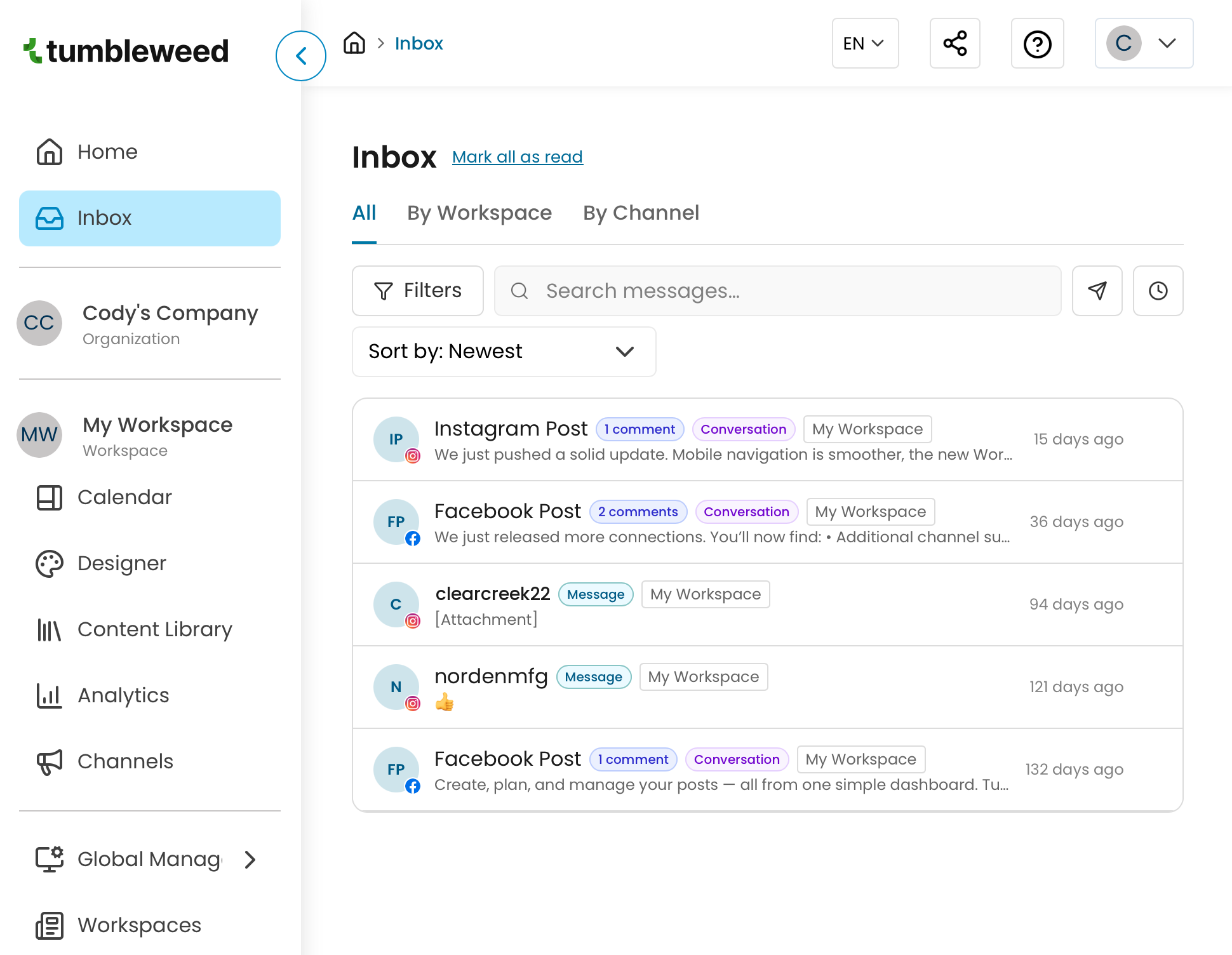 Tumbleweed Inbox showing reviews, comments, and DMs in one dashboard