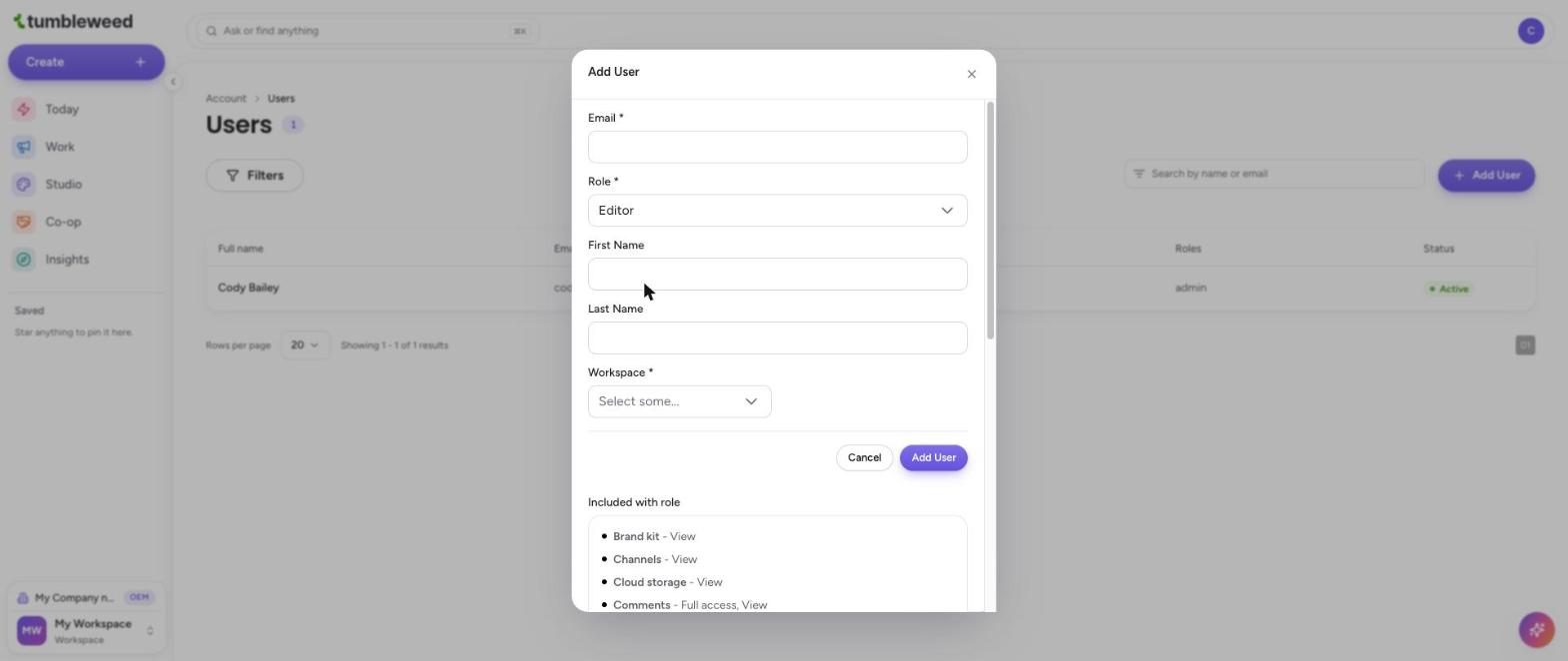 The Add User form with the Editor role selected and the Workspace menu