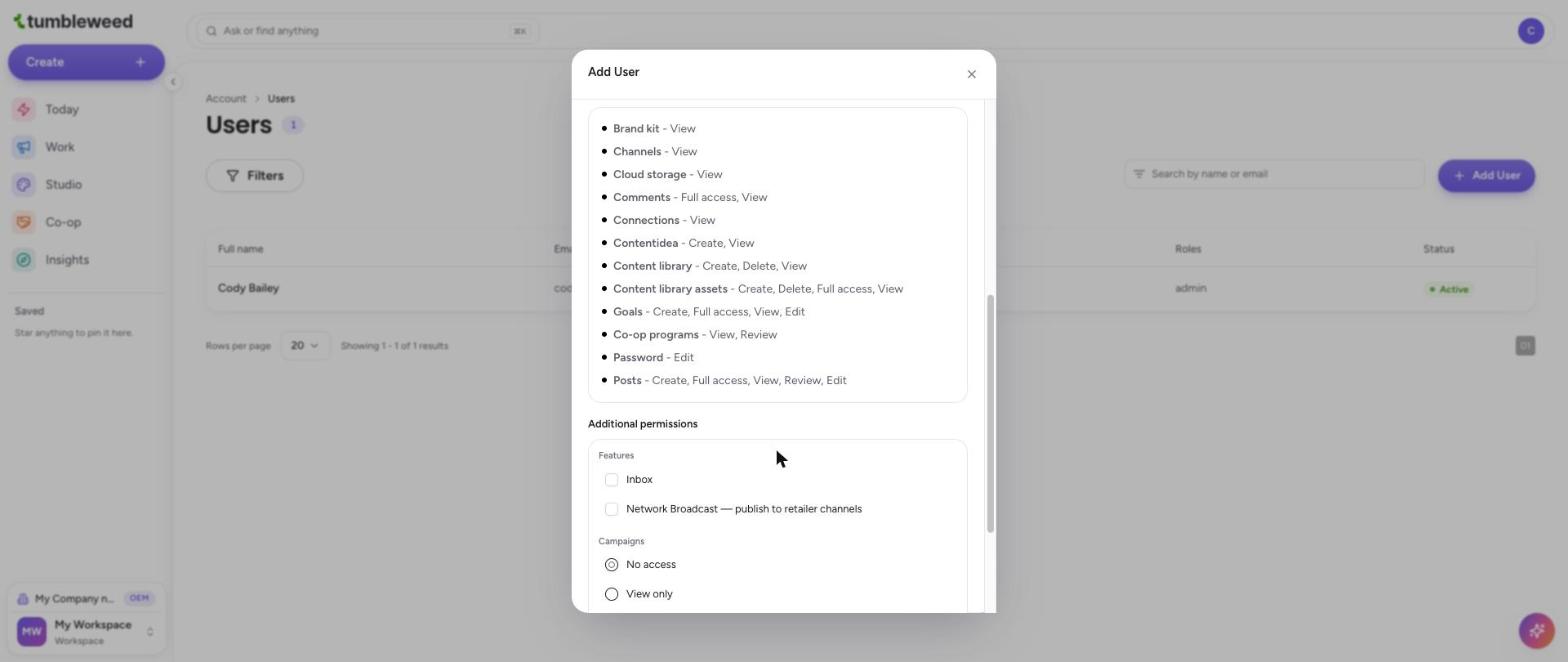 The Included with role list and Additional permissions section