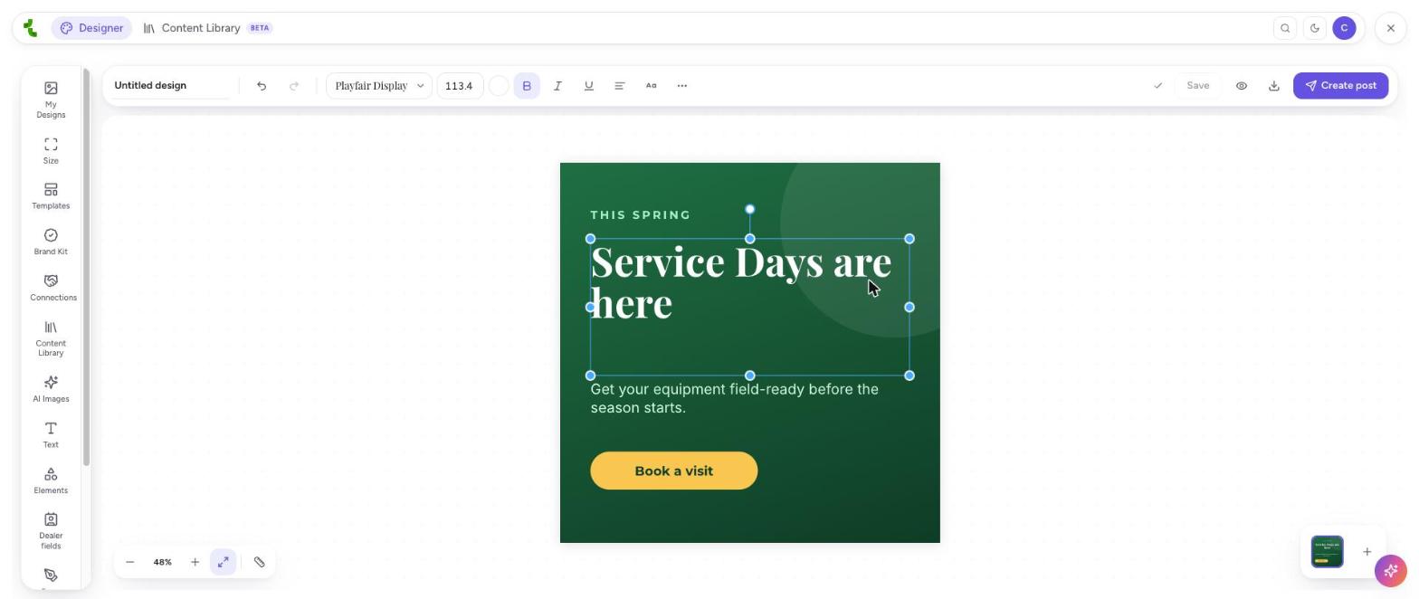 A headline selected on the canvas with the text toolbar above it