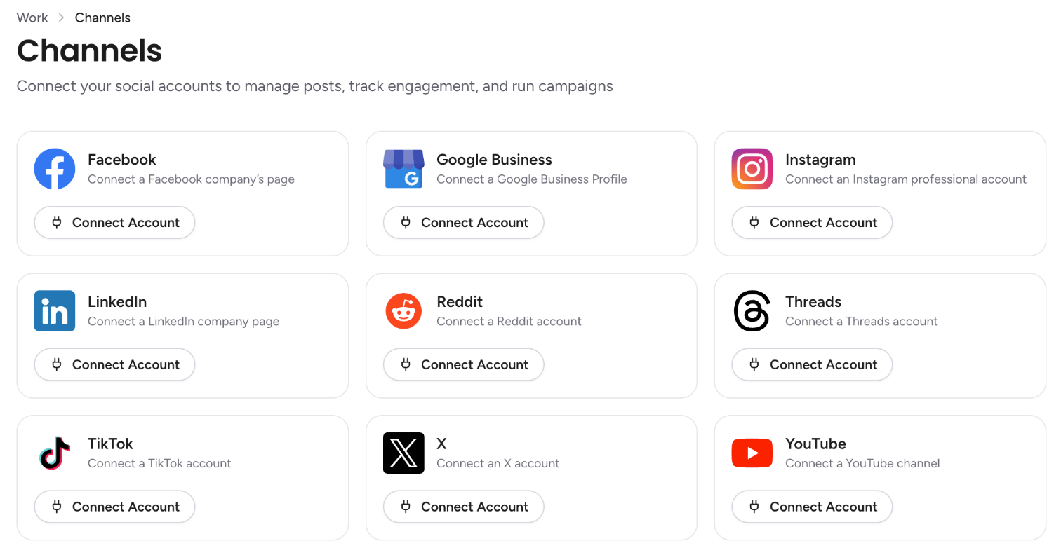 The Channels page listing nine social channels, each with a Connect Account button