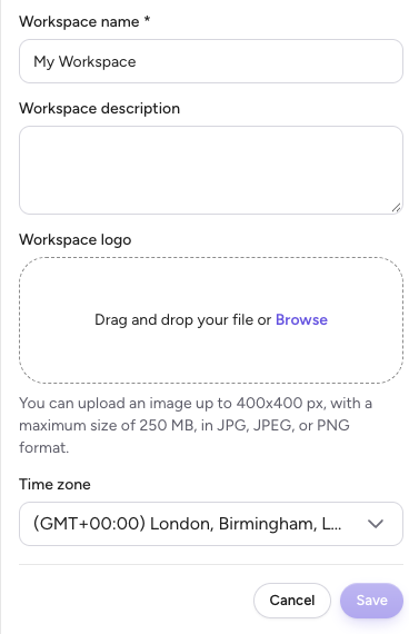 The workspace form with name, description, logo, and time zone fields