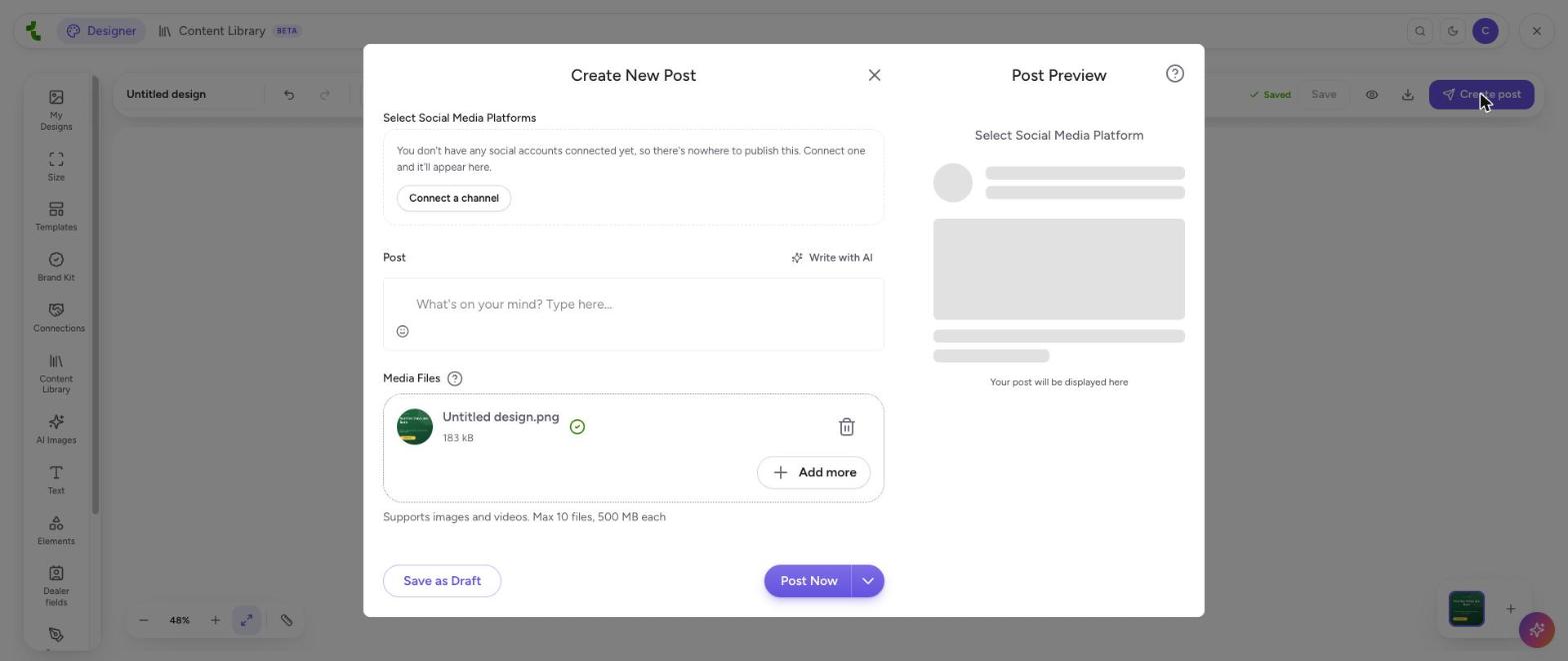 The Create New Post window with the design attached as an image