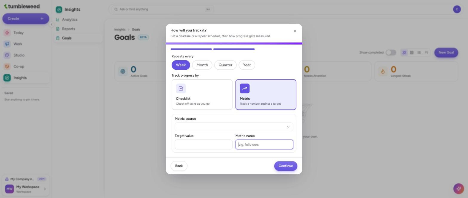 The second step with a weekly repeat and metric tracking fields