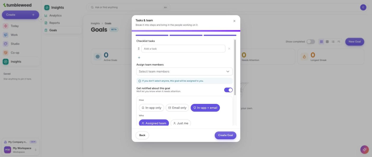 The Tasks and team step with two checklist tasks, team members, and notification options