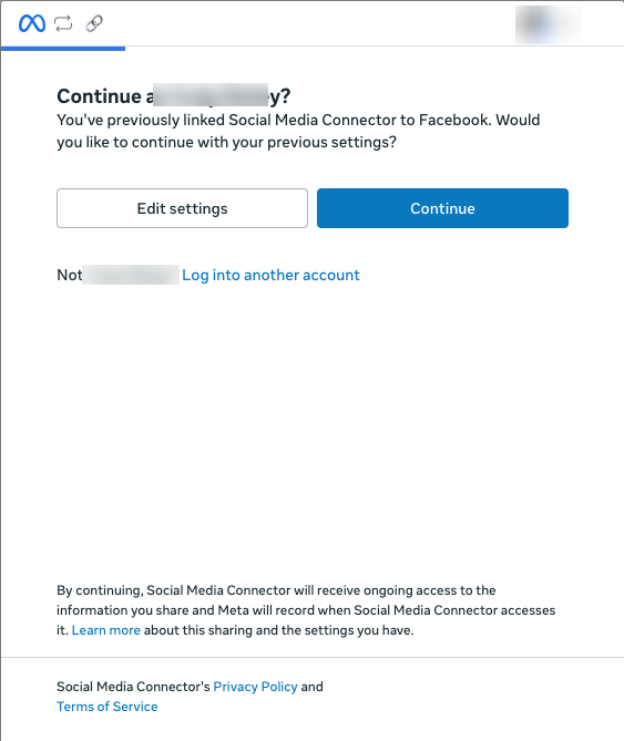 The Facebook window asking whether to continue as your account, with Edit settings and Continue buttons