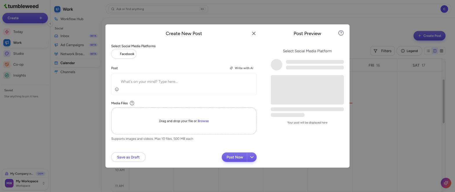 The Create New Post window with a Facebook channel button to select