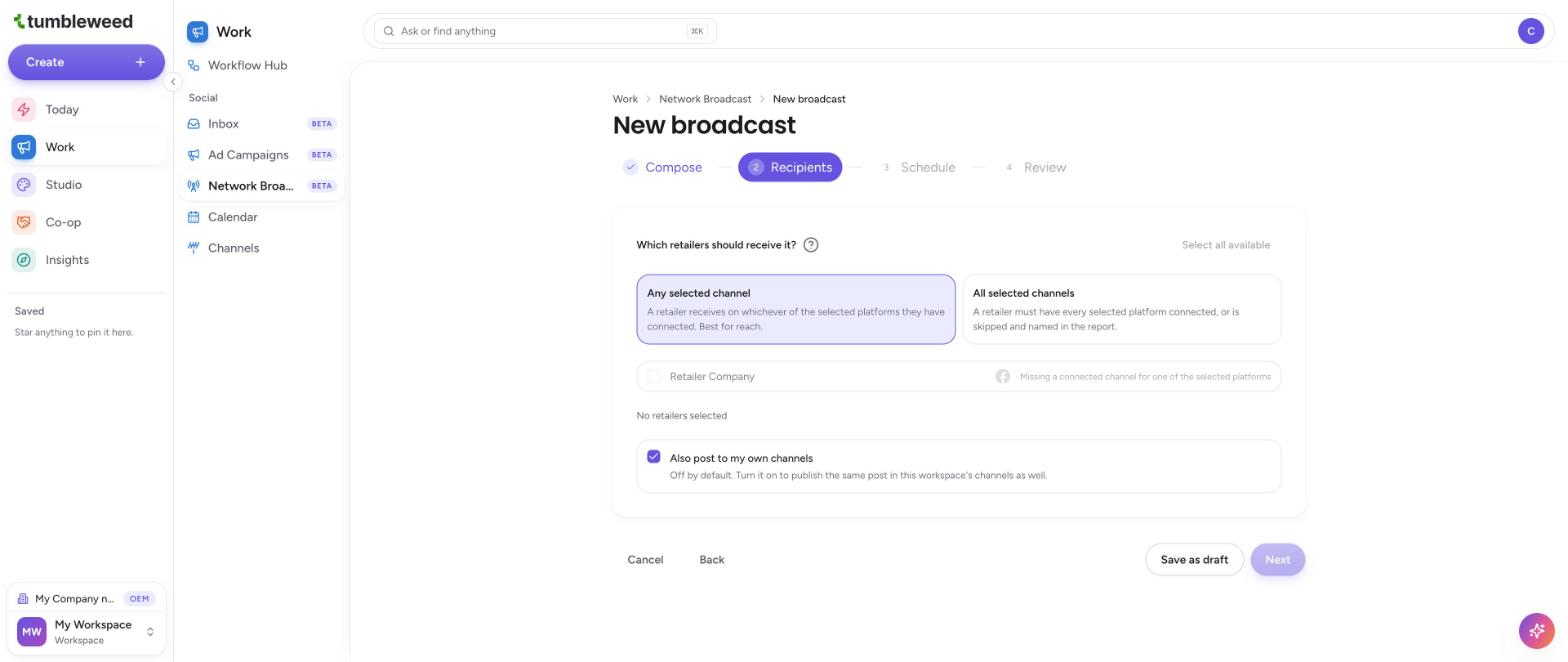 The Recipients step with the two delivery options and the retailer list