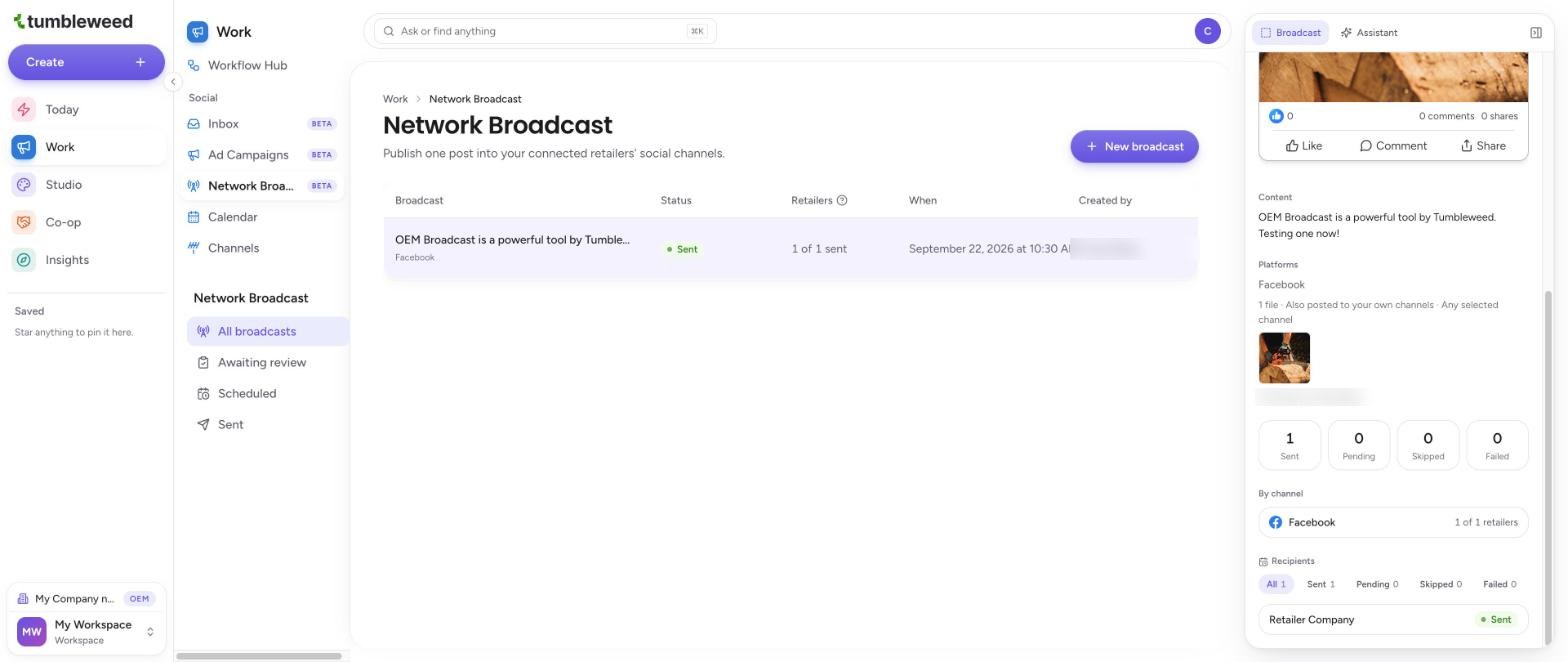 The broadcast results with Sent, Pending, Skipped, and Failed counts and a list of recipients