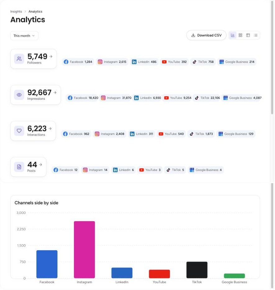 The Analytics Overview with totals, a number for each channel, and a bar chart of followers by channel