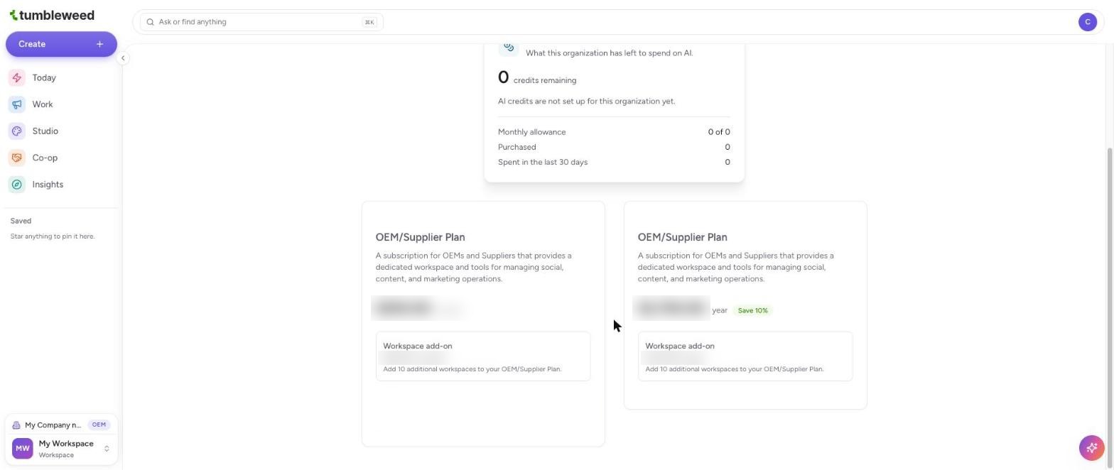 The Billing tab with the monthly and annual OEM/Supplier Plan cards