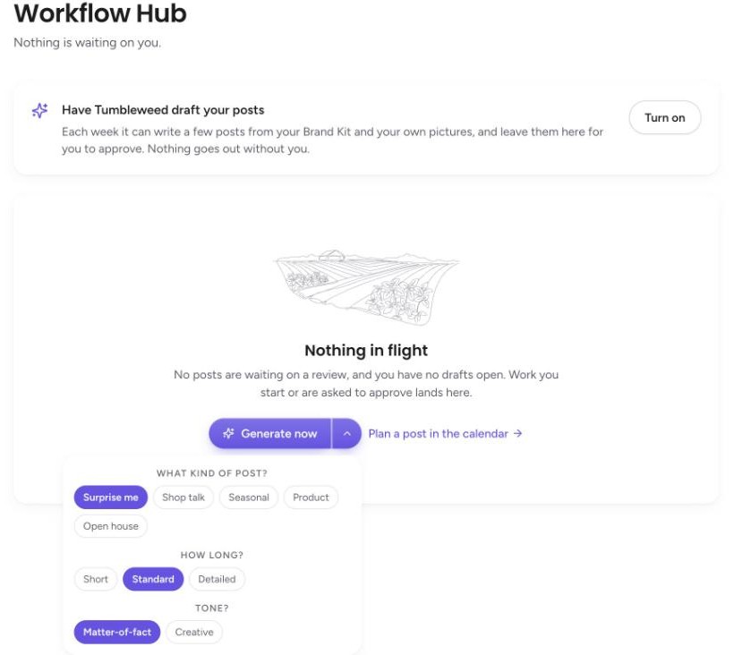 The Generate now options menu with post kind, length, and tone choices