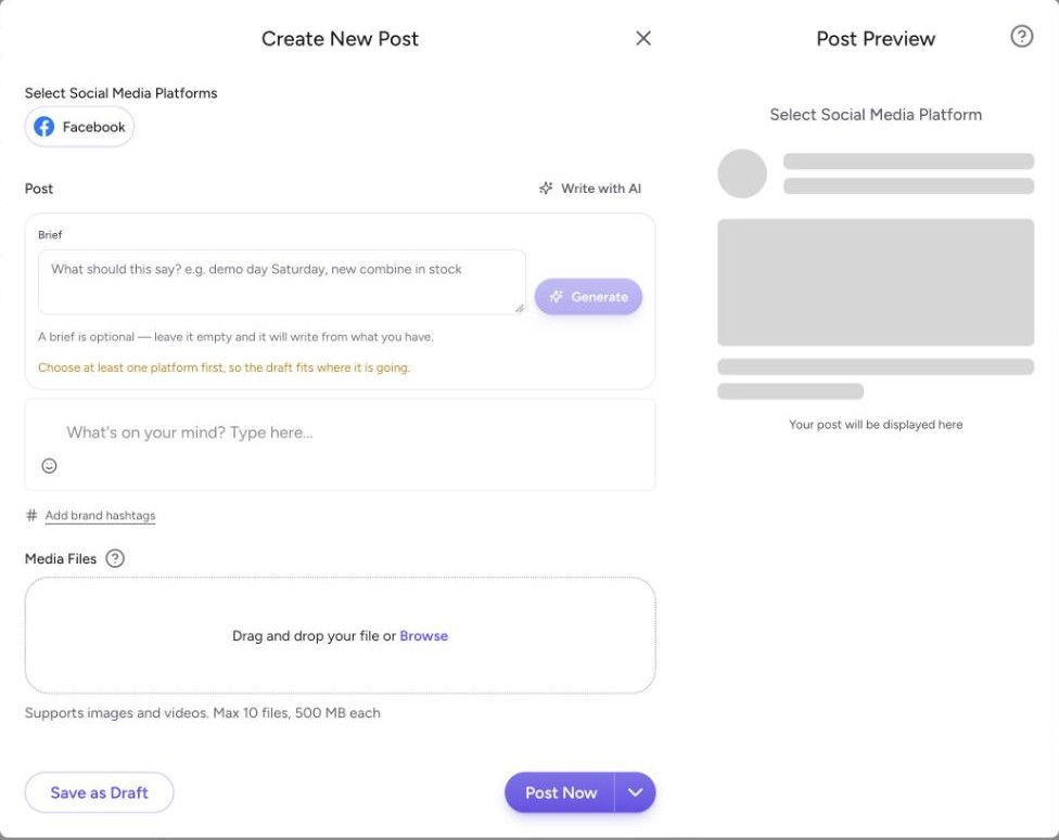 The Create New Post window with the Brief box open under Write with AI