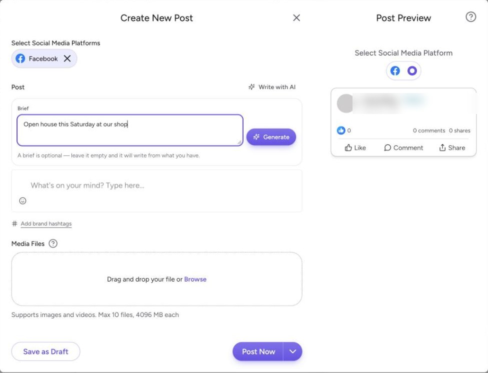 The Create New Post window with Facebook selected, a brief typed, and the Generate button