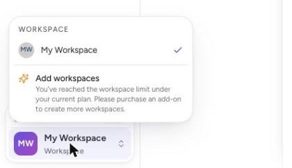 The workspace switcher menu with one workspace checked and an Add workspaces option