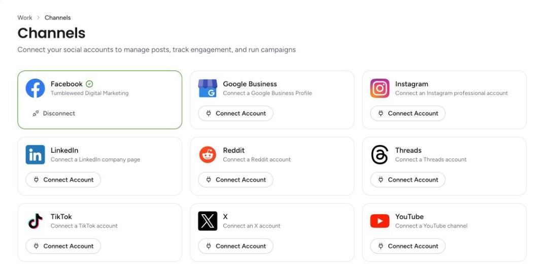 The Channels page with Facebook connected and a Disconnect button