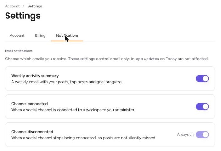 The Notifications tab showing three email switches