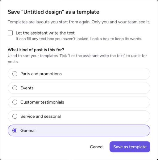 The Save as template window with the assistant box and the kinds of post