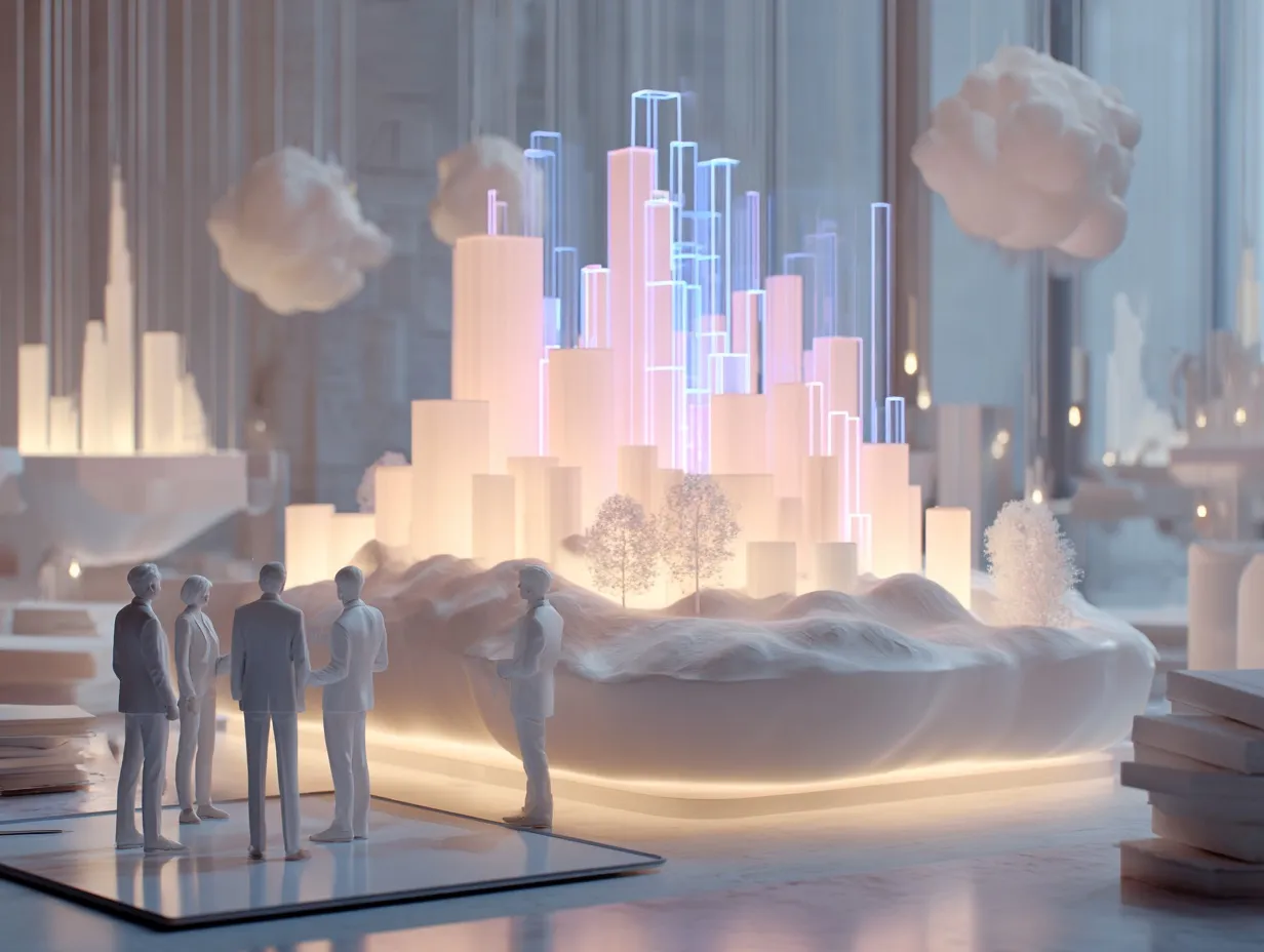 Figuri stilizate din lut digital discută în jurul unei hărți 3D cu clădiri real estate iluminate subtil, simbolizând analiza și consultanța inițială pentru un proiect imobiliar.