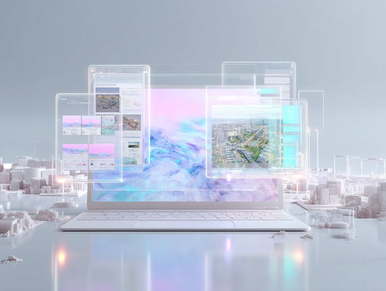 Un laptop și o tabletă în stil lut digital afișează machete abstracte de website imobiliar, în timp ce figuri colaborative simbolizează echipa de design și dezvoltare tehnică.