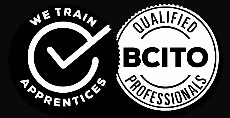 Black and white badge with a checkmark stating 'We Train Apprentices' and adjacent circle reading 'Qualified BCITO Professionals'.