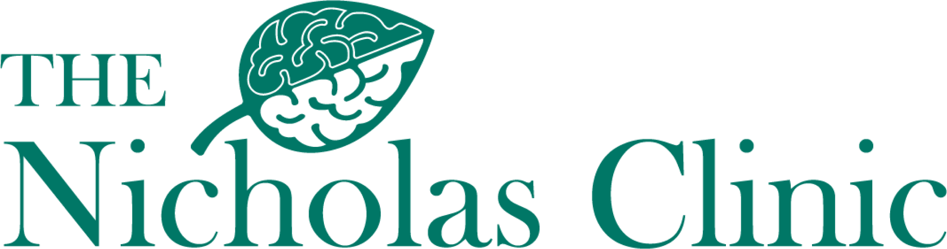 Logo of The Nicholas Clinic with a brain-shaped leaf above the text.