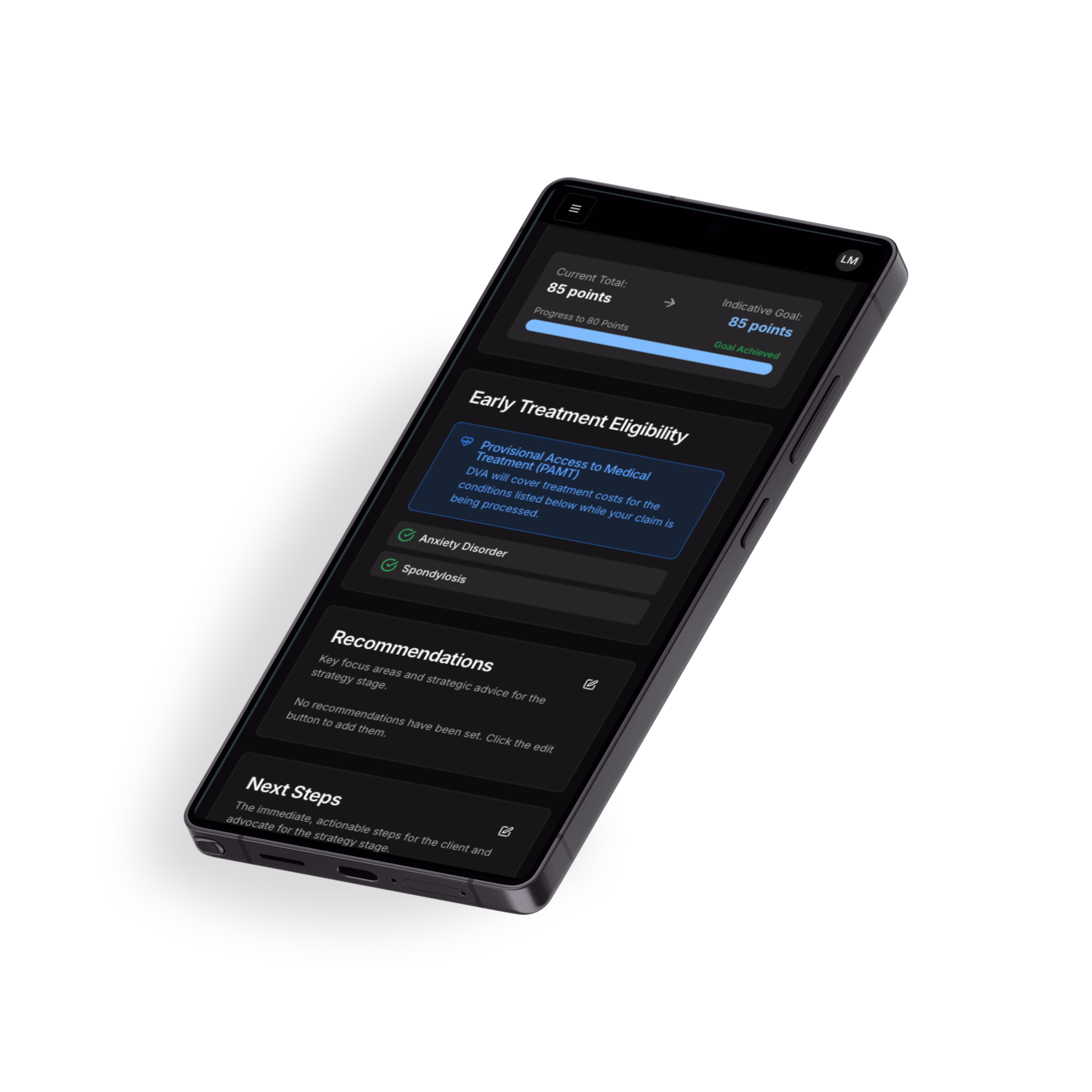 Benefits tracker, gameplan page